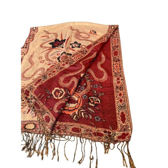 Vintage Asian Theme Large Reversible Fringed Orange Gold Brown Art Scarf Shawl - Picture 8 of 8